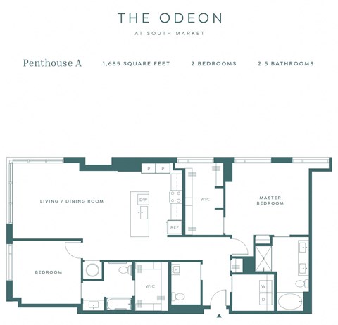 Floor plan for 2 beds, 2.5 baths, 1665 sqft